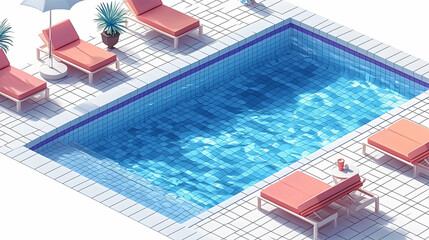 Obraz premium Isometric Poolside Relaxation Sun loungers, plants, and a refreshing pool against a white background, perfect for travel brochures.