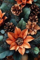 Fototapeta premium A decorative arrangement featuring orange flowers, pinecones, and foliage.