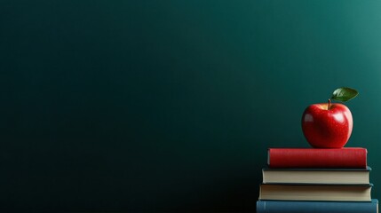 A green background with a red apple on top of a stack of books