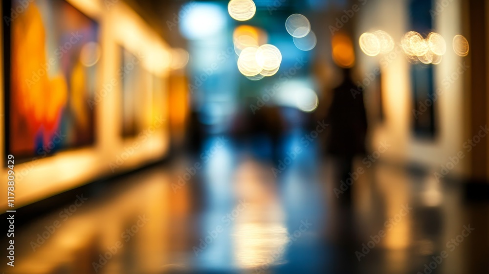 Poster discover an abstract art gallery featuring bokeh effects and soft lighting in the background, creati