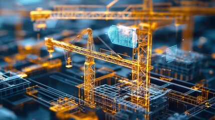 Obraz premium A digital rendering of cranes and construction elements, showcasing a futuristic urban development with glowing lines and geometric shapes.