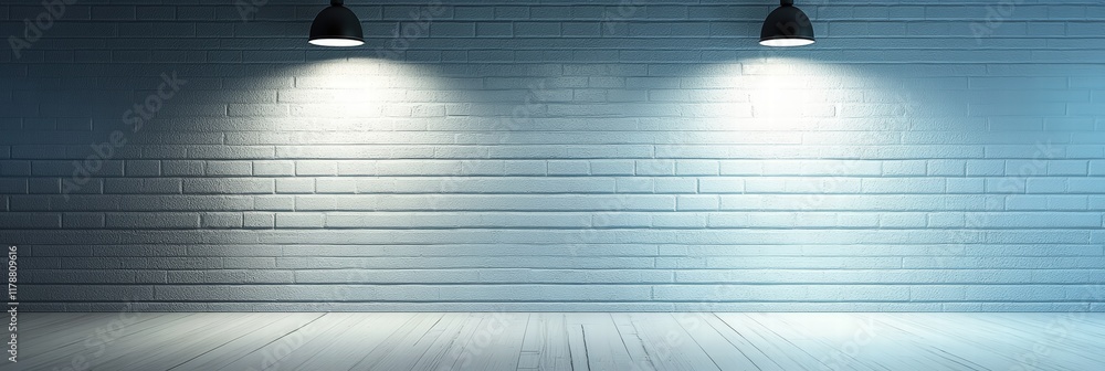 Poster a minimalist empty room with two lights highlighting a blank wall, perfect for background or present