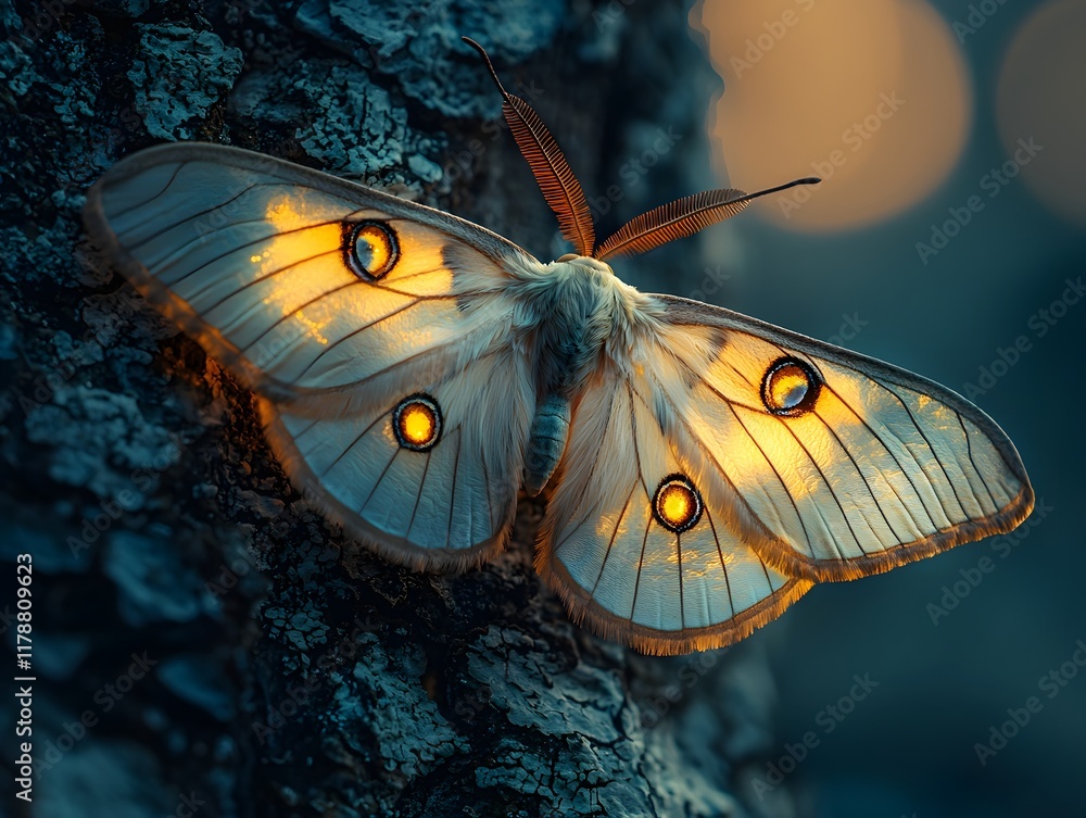 Poster captivating moth with translucent wings resting on tree bark under glowing moonlight