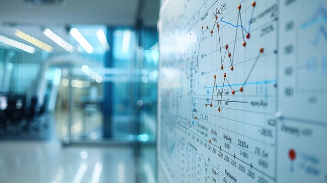 A whiteboard filled with equations for applied mathematics in economics, including graphs and data tables in a professional setting