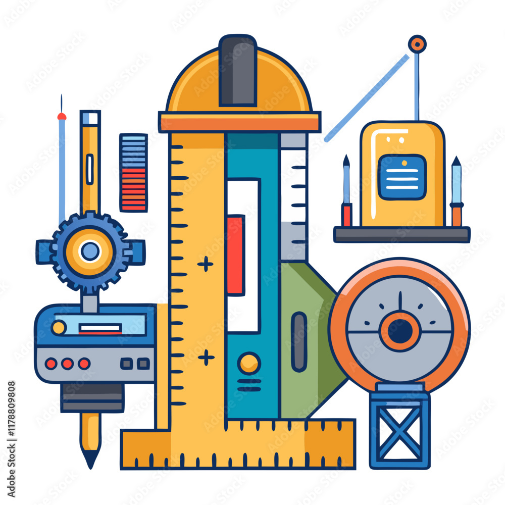 Poster close-up view of various precise instruments like levels, scales, and gauges used for measuring and 