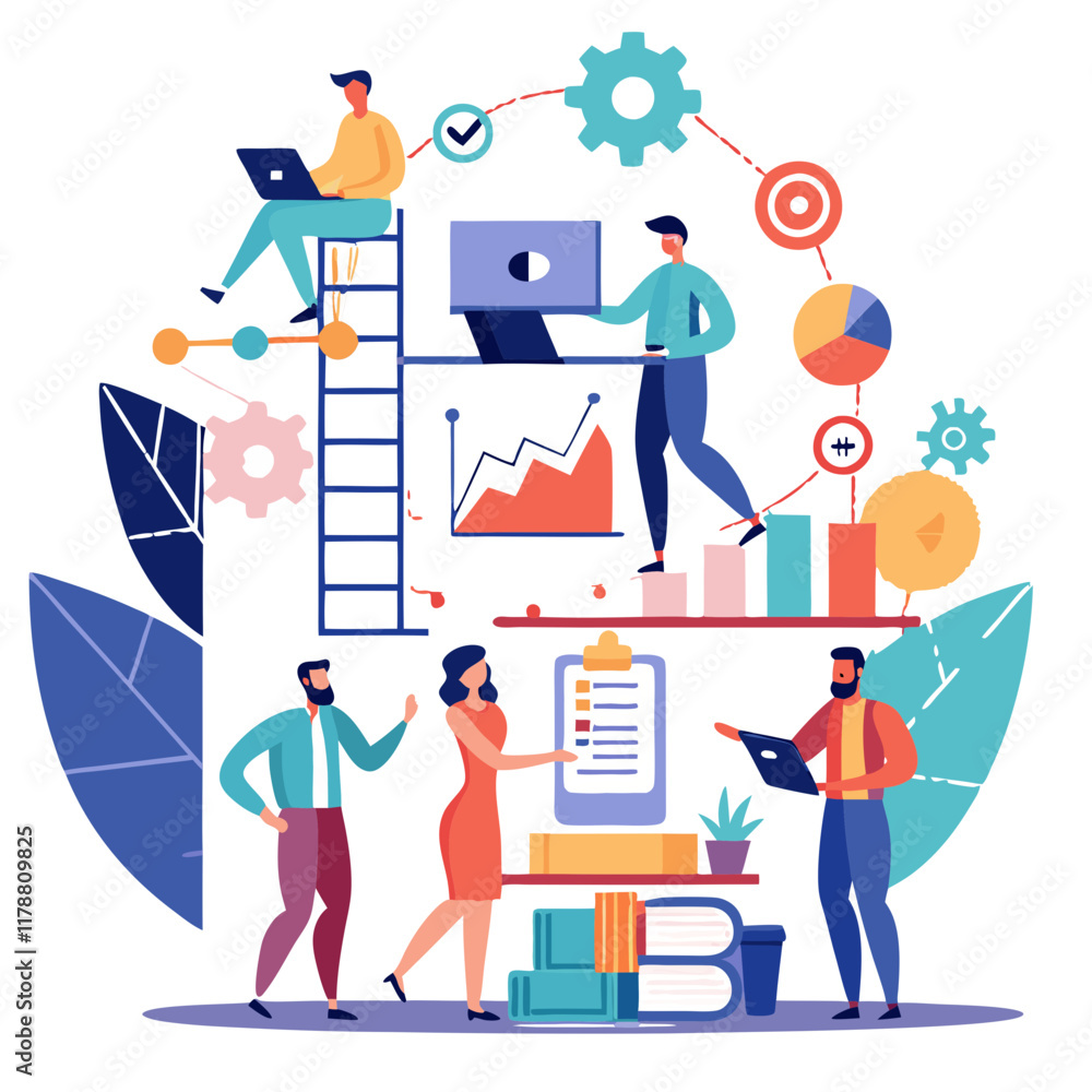 Poster a team collaborates in a modern workspace to break down a complex project plan into manageable tasks