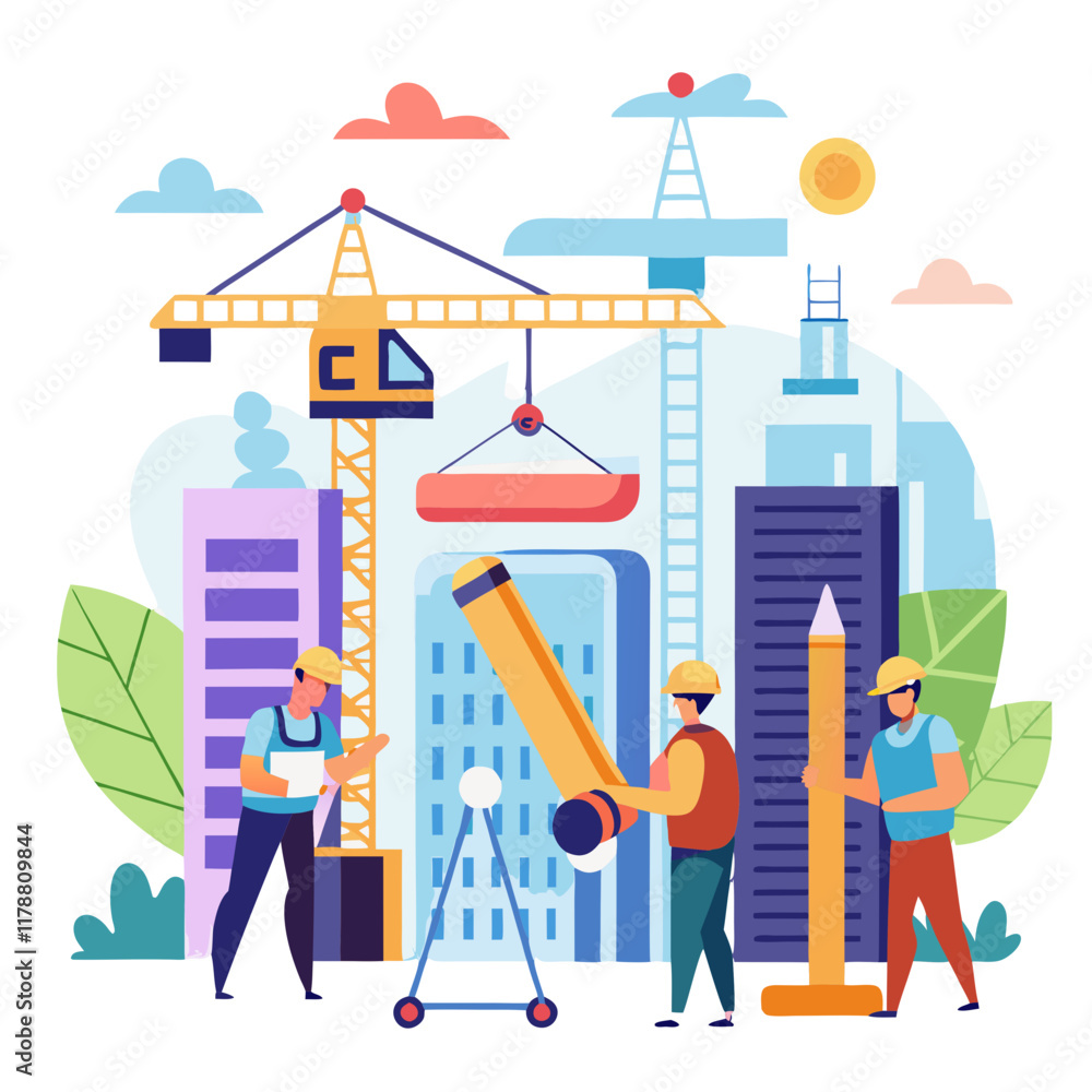 Poster a construction project is taking shape as workers and an architect use surveying tools and heavy mac