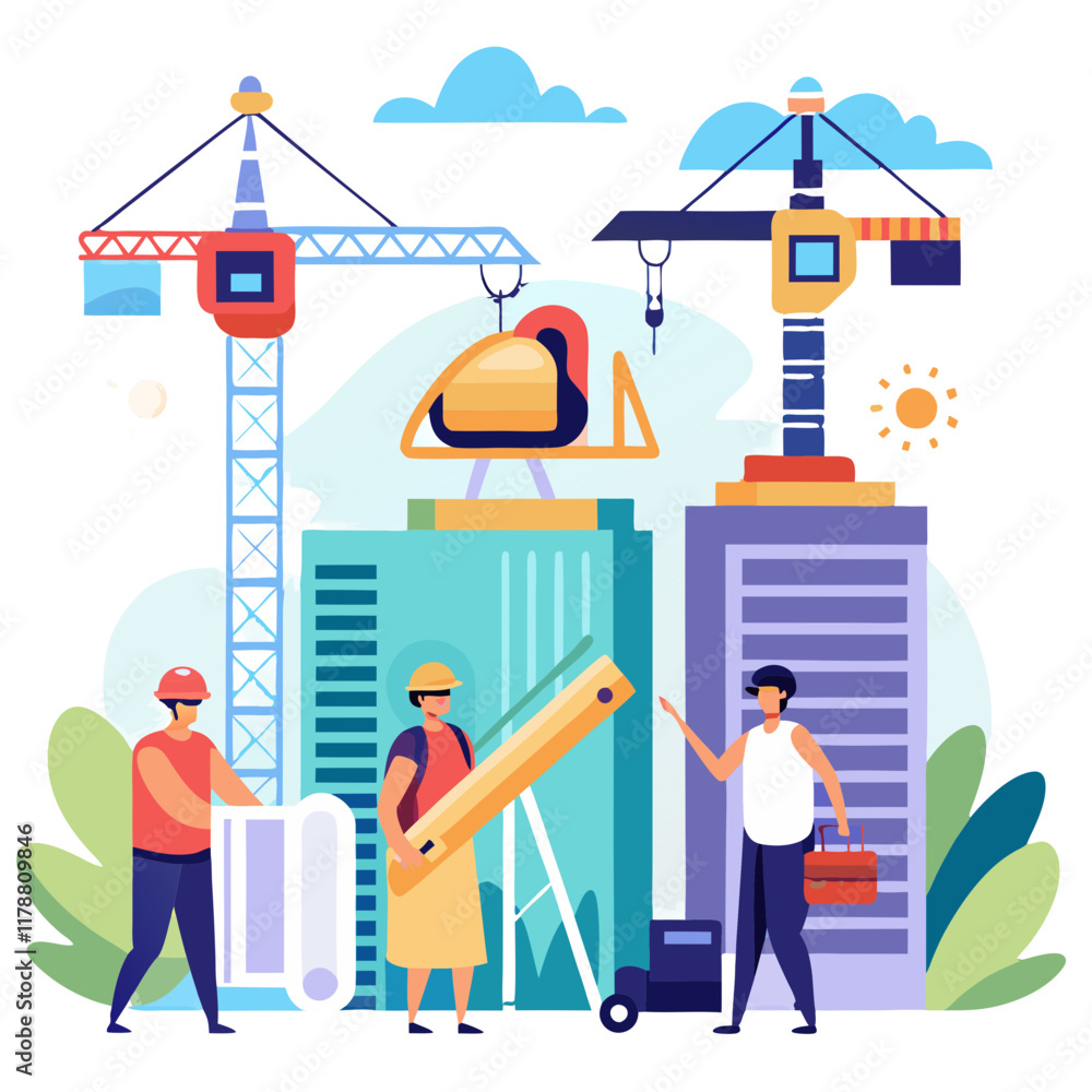 Poster workers are collaborating on a construction project, utilizing blueprints and tools while cranes ope