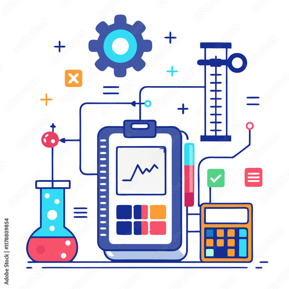 Poster a digital interface displays engineering calculations and scientific data analysis tools. various vi