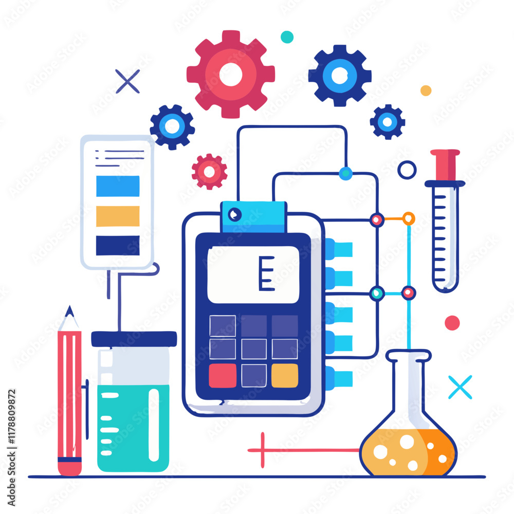 Poster a digital interface features engineering calculations alongside instruments like test tubes and gear