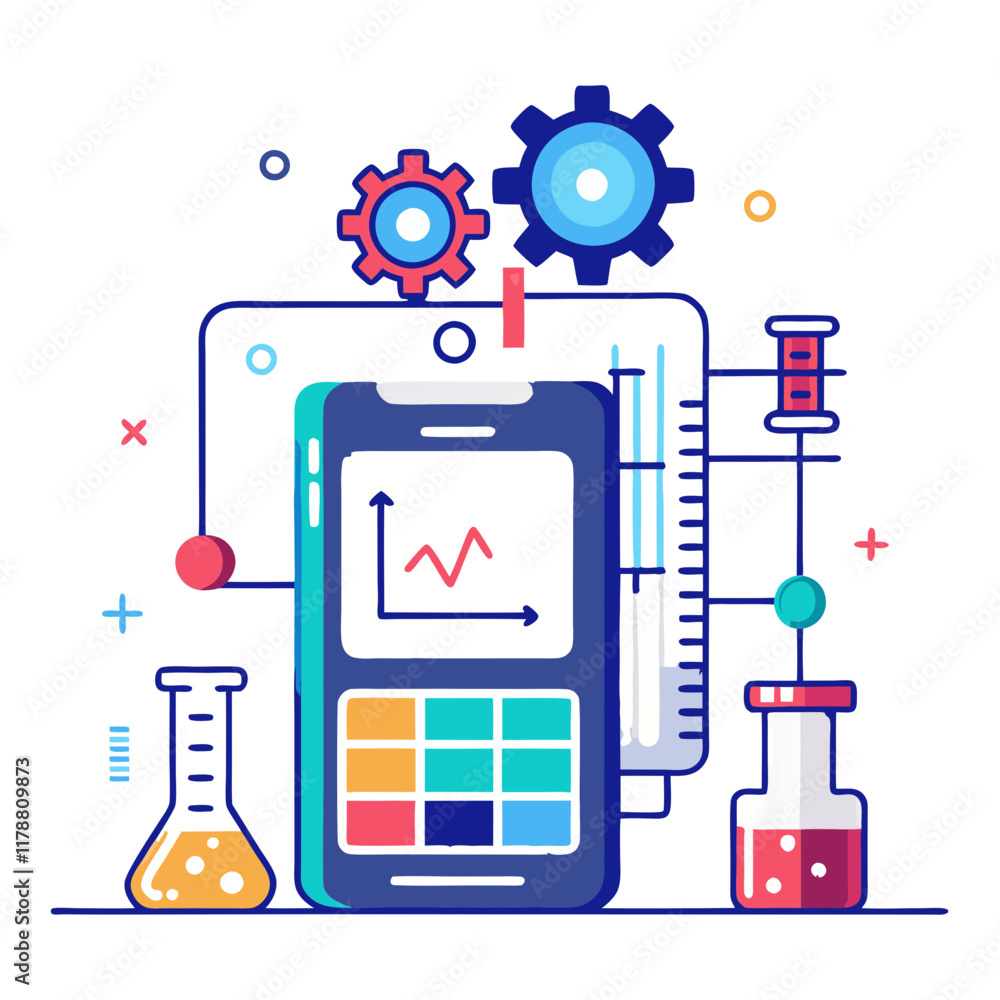 Poster complex digital interface shows engineering calculations through a smartphone, showcasing graphs, me