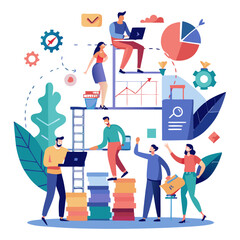 Fototapeta premium Team members actively collaborate on a project plan, breaking it into tasks using laptops and visual aids. The setting is vibrant, emphasizing teamwork and productivity