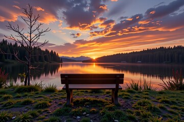 Fototapeta premium Serene Sunset Over Mountain Lake with Bench Peaceful Nature Scene Tranquil Landscape Photography
