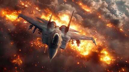 Close-up of a fighter jet flying low over a battlefield, fire and smoke below