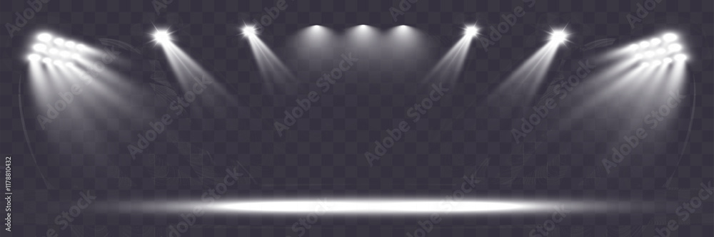 Poster Empty spotlight stage with dark gradient background and bright beams of light illuminating the center. Suitable for presentations, performances, or dramatic effects.	