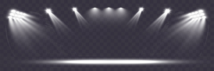 Empty spotlight stage with dark gradient background and bright beams of light illuminating the center. Suitable for presentations, performances, or dramatic effects.	