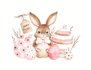 Watercolor Illustration Easter Bunny with Easter Eggs and Happy Easter Sign