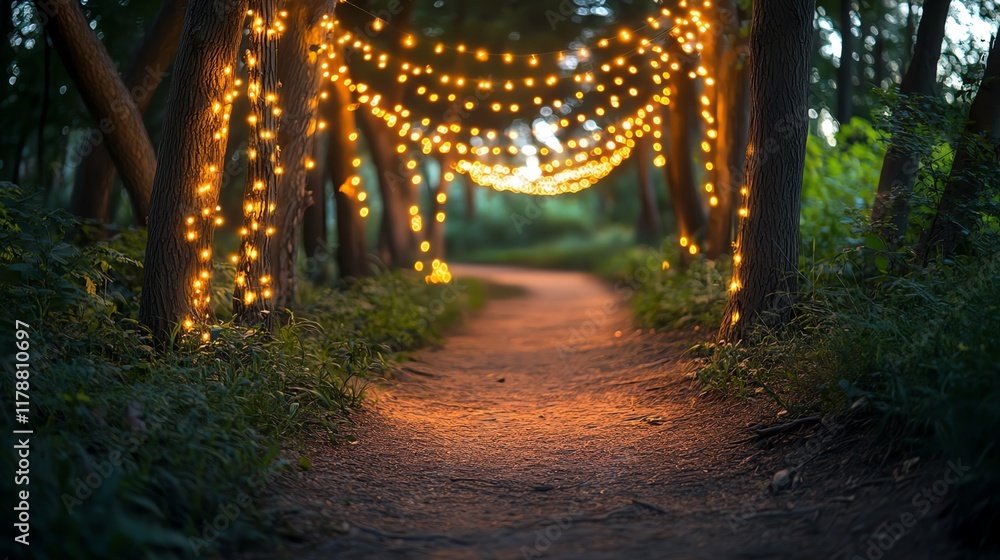Poster a winding path illuminated by fairy lights in a lush forest setting, creating a magical ambiance.