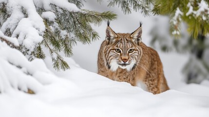 A bobcat stalking through a snow-laden pine forest, barely visible in the shadows.