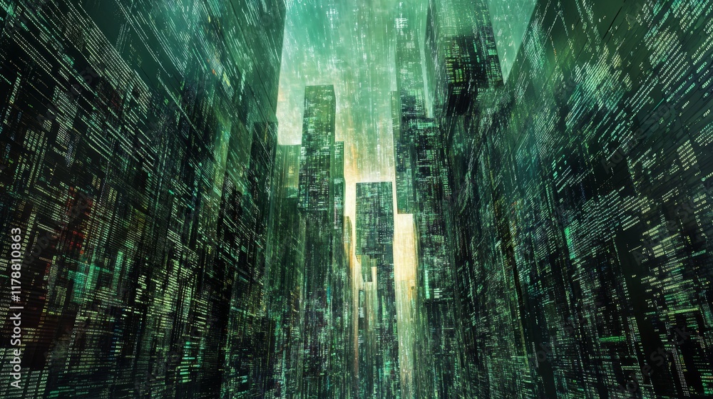Aufkleber experience an abstract visualization of big data streams flowing through a futuristic digital city, 