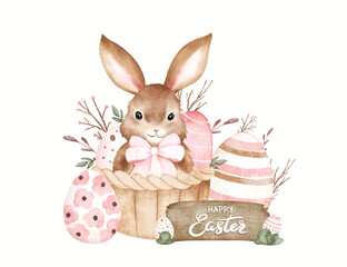 Watercolor Illustration Easter Bunny with Easter Eggs and Happy Easter Sign