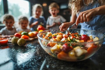 A caregiver is mixing a bowl of fruit salad as children eagerly watch in the background