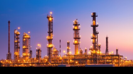 Obraz premium A vibrant industrial scene at dusk, showcasing illuminated oil refinery towers against a colorful sky.