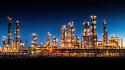 A sprawling industrial complex illuminated at night, showcasing towering structures and pipes against a dark blue sky.