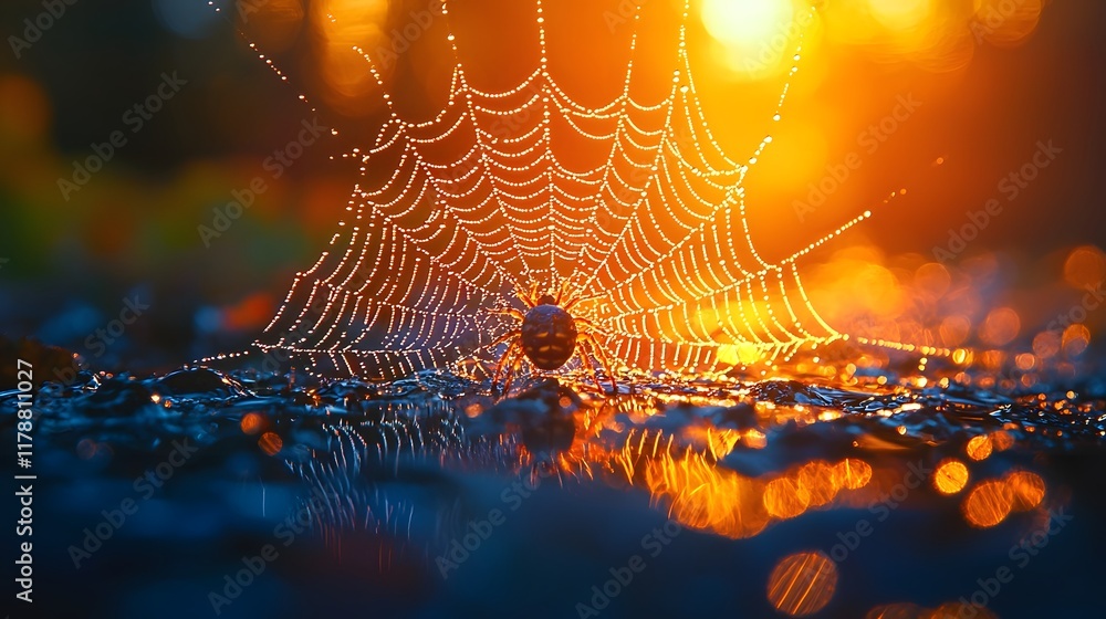 Poster a mesmerizing close up of a tiny insect leaving delicate footprints on a dewy spider web illuminated