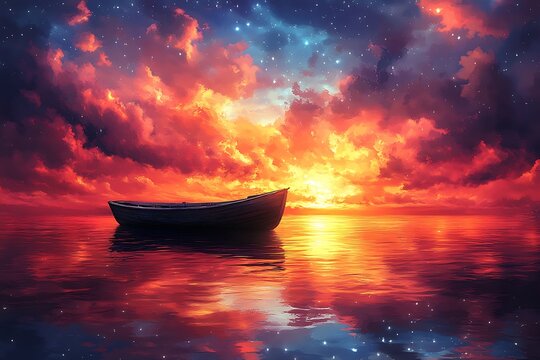 Solitary Boat at a Fiery Sunset Under a Starry Sky