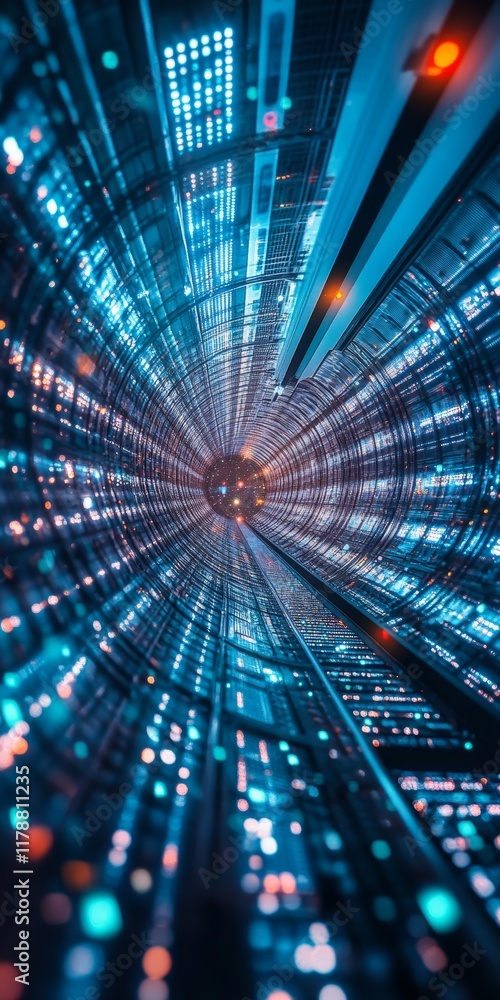 Poster futuristic data storage inside a cloud database with bright lights and dynamic lines in a circular p
