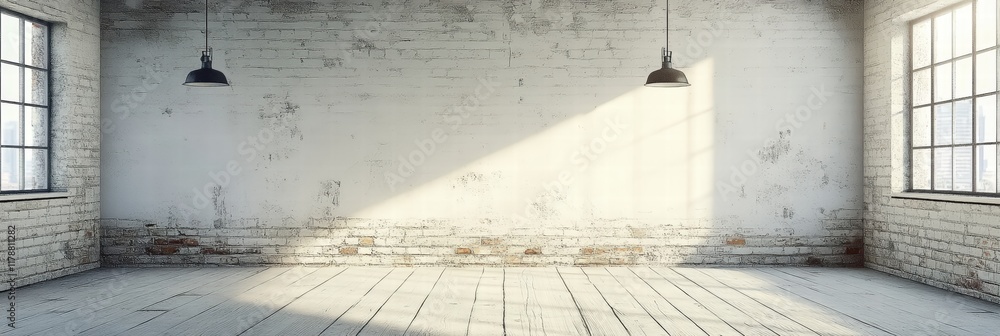 Poster empty room with natural light streaming through windows in an urban setting, captured in high resolu