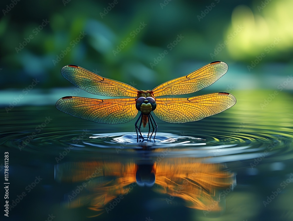 Poster dragonfly hovering above tranquil pond creating ripples on the surface
