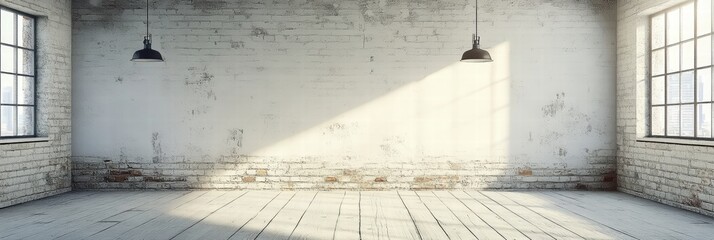 Empty Room with Natural Light Streaming Through Windows in an Urban Setting, Captured in High Resolution with a Chaotic Yet Minimalistic Atmosphere
