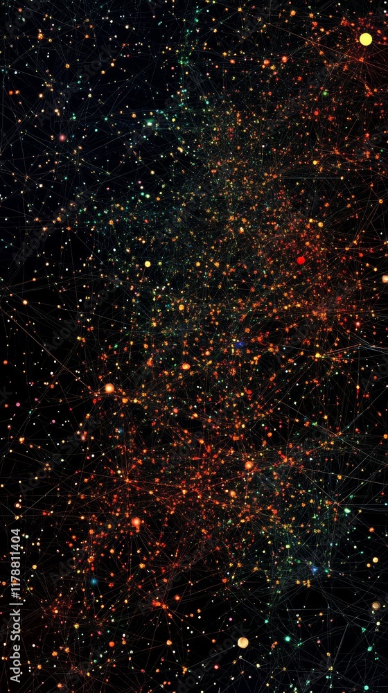 Poster abstract visualization of interconnected data nodes on a dark background for digital design usage
