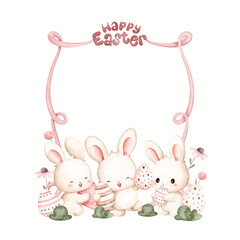Watercolor Illustration Pink Ribbon Frame with Happy Easter Sign with Easter Rabbit Holding Easter Egg