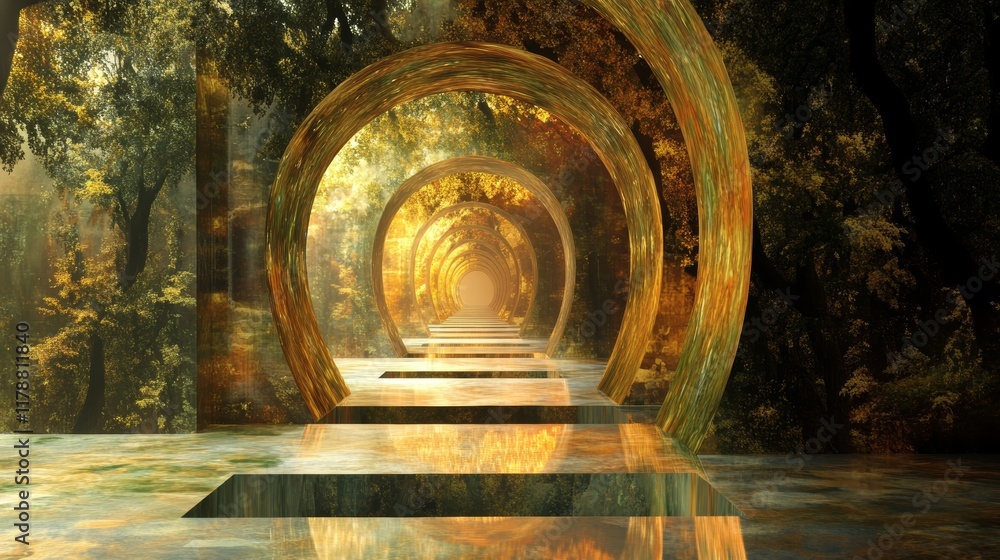 Poster surreal digital data flow visualization in lush forest setting with golden circular pathways