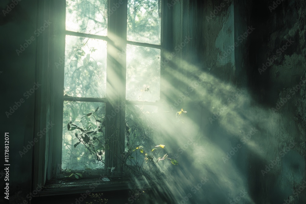 Aufkleber ethereal rays of light cascade through an abandoned window, creating a surreal ambiance. dust partic