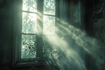 Obraz premium Ethereal rays of light cascade through an abandoned window, creating a surreal ambiance. Dust particles dance in the sunlight, enhancing the tranquility of decay.