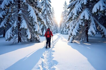 Snowshoeing adventure in serene snow-covered forest