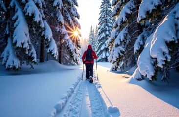 Snowshoeing through a dense, snow-covered forest