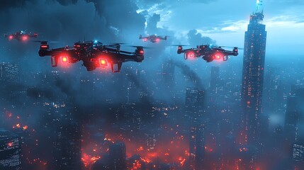 Futuristic military drones hovering over a war zone, intense lighting and neon effects