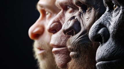 Three men with different facial hair and one with a gorilla face