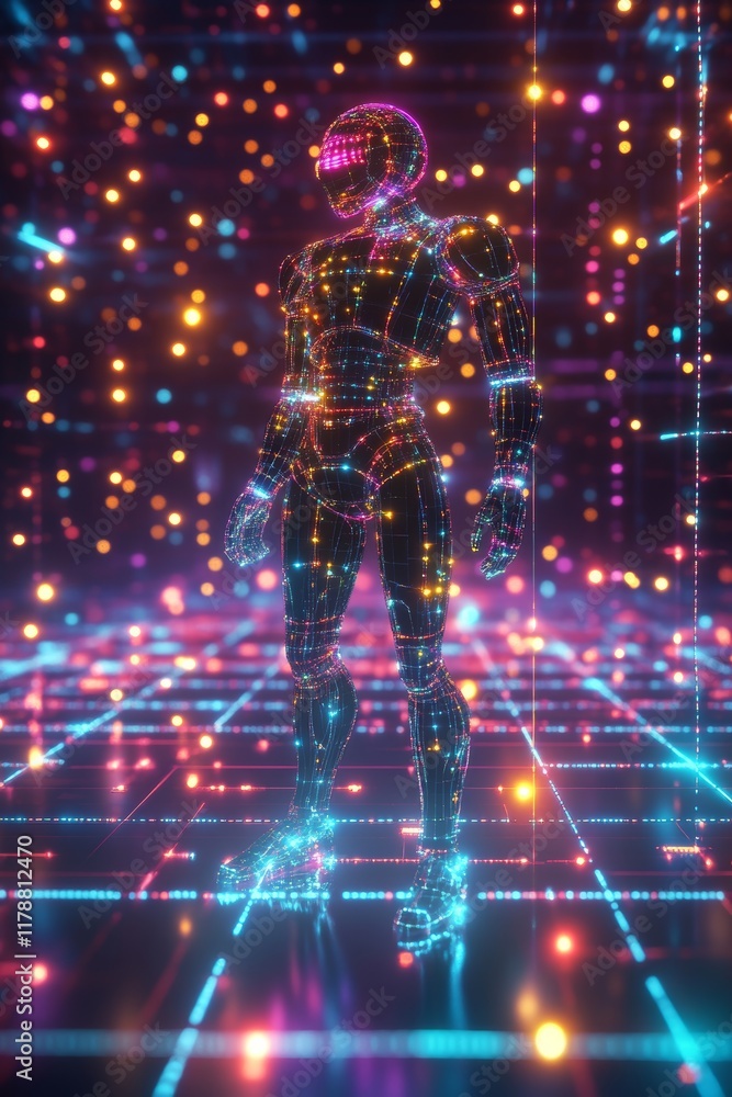 Poster robot with a helmet stands in a room full of colorful lights. the robot is surrounded by a lot of do