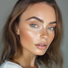 Fototapeta premium Close-up portrait of a young woman with freckles and subtle makeup.