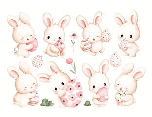 Watercolor Illustration Set of Easter Bunny with Easter Eggs