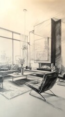 Artistic sketch of a modern living room featuring sleek furniture, large windows, and a minimalist design.