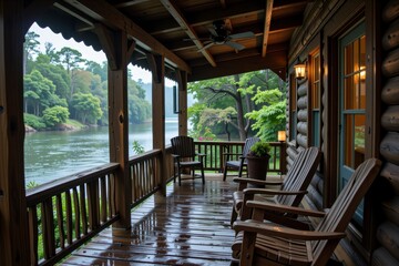 Serene Rainy Day on a Lakefront Cabin Porch with Wooden Adirondack Chairs