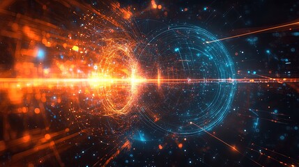 Abstract representation of a futuristic war with energy shields and laser weapons