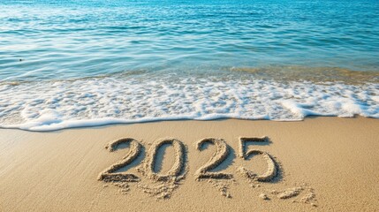 "2025" written in sand on a sustainable beach with clear blue waters